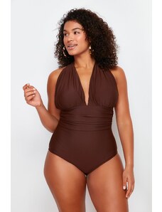 Trendyol Curve Brown Deep V Back Cross-Recovery Swimsuit