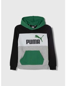 Dětská mikina Puma ESS BLOCK TR B zelená barva, s kapucí, vzorovaná