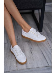 Madamra White Women's Thick Laced Leather Look Sneakers Sneaker