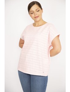 Şans Women's Pink Plus Size Cotton Fabric Self Patterned Low Sleeve Blouse