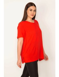 Şans Women's Plus Size Red Woven Viscose Fabric V-Neck Side Slit Blouse