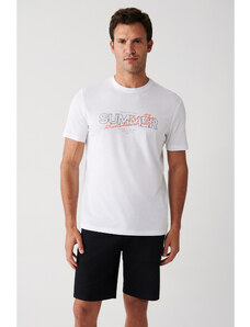 Avva Men's White Ultrasoft Crew Neck Shiny Print Detailed Standard Fit Regular Cut T-shirt