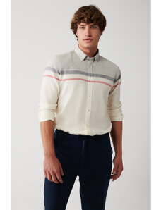 Avva Men's White Cotton Linen Blended Buttoned Collar Striped Slim Fit Slim Fit Shirt