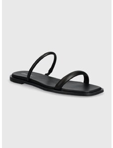 Kožené pantofle Calvin Klein FLAT SLIDE LTH dámské, černá barva, HW0HW02127