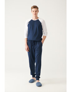 Avva Men's Navy Blue Crew Neck 100% Cotton Special Boxed Raglan Long Sleeve Pajamas Set