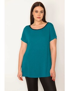 Şans Women's Green Plus Size Viscose Blouse with Stone Detailed
