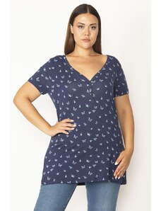 Şans Women's Plus Size Navy Blue Butterfly-Print Blouse with V-neck and Front Patties