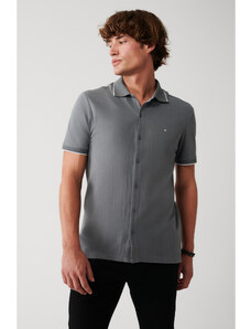 Avva Men's Gray 100% Cotton Ribbed Jacquard Short Sleeve Knitted Regular Fit Shirt