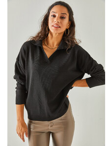 Olalook Women's Black Polo Neck Oversize Slim Knitwear Sweater