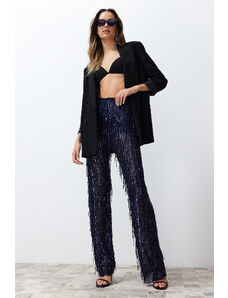 Trendyol Navy Blue Wide Leg Sequined Knitted Trousers