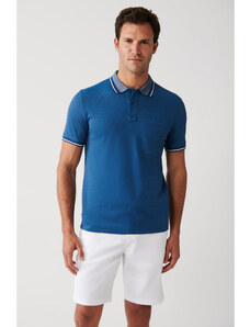 Avva Men's Indigo Roll Up Collar Regular Fit 2 Button Polo Neck T-shirt with Pocket