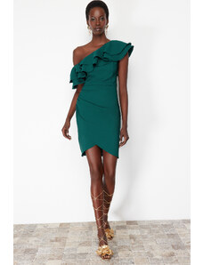 Trendyol Emerald Green One Sleeve Frilly Elegant Evening Dress