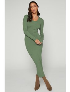 Madmext Green Basic Crew Neck Long Sleeve Dress