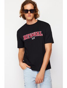 Trendyol Black Relaxed/Comfortable Cut Text Embroidery Appliqué 100% Cotton Short Sleeve T-Shirt