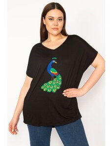 Şans Women's Plus Size Black Embroidery Detailed V-neck Low-Sleeve Blouse