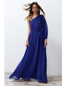 Trendyol Saxe Blue One Sleeve Accessory Chiffon Long Evening Dress