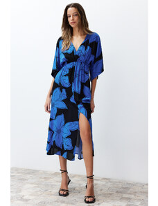 Trendyol Blue Floral Pattern A-Line Double Breasted Neck Midi Woven Midi Woven Midi Dress