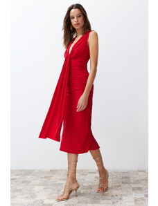 Trendyol Red Body-Sitting Draped Elegant Evening Dress