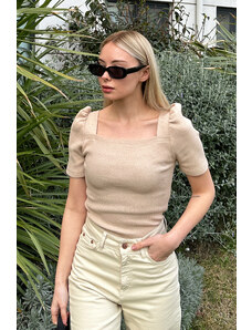 Trend Alaçatı Stili Women's Beige Square Neck Princess Sleeve Regular Fit Blouse
