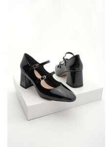 Marjin Women's Chunky Heel Double Strap Classic Heel Shoes Asney Black Patent Leather