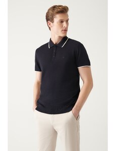 Avva Men's Navy Blue Polo Neck Textured Ribbed Standard Fit Normal Cut Knitwear T-shirt