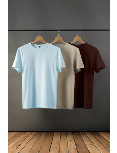 Trendyol Dark Brown-Stone-Light Blue Basic Slim Fit 100% Cotton 3-Pack T-Shirt