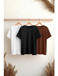 Trendyol Black-Brown-White Basic Slim Fit 100% Cotton 3-Pack T-Shirt