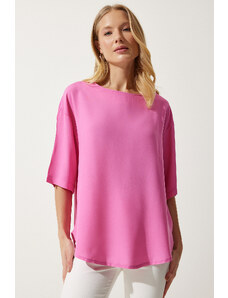 Happiness İstanbul Women's Pink Crew Neck Flowy Viscose Blouse