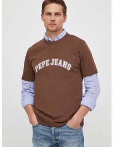 Bavlněné tričko Pepe Jeans hnědá barva, s potiskem