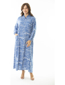 Şans Women's Plus Size Blue Woven Viscose Fabric Front Length Buttoned Long Sleeve Dress