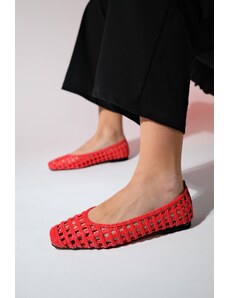 LuviShoes Red Knitted Patterned Women's Flat Shoes