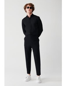 Avva Black Seersucker Textured Side Pocket Lycra Relaxed Fit Trousers