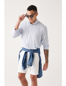 Avva Men's Blue Easy-Iron Button Collar Textured Cotton Standard Fit Regular Cut Shirt