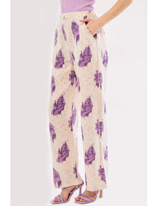 armonika Women's Purple Ena Trousers Elastic Waist Pocket Detailed Linen Look Wide Leg