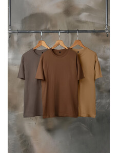 Trendyol Brown-Beige-Grey Basic Slim/Narrow Fit 100% Cotton 3-Pack T-Shirt