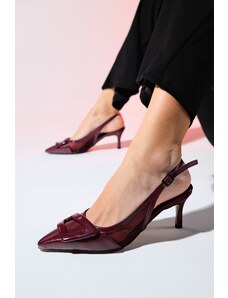 LuviShoes FOLEY Burgundy Patent Leather Striped Women's Pointed Toe Open Back Thin Heel Shoes