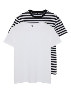 Trendyol White-Black Striped Basic Regular/Normal Cut 2-Pack Short Sleeve T-Shirt
