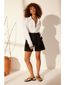 Trendyol Black 100% Linen Pleated High Waist Shorts