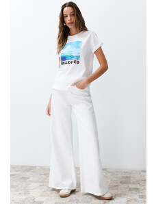 Trendyol White 100% Cotton Landscape Printed Regular/Real Knitted T-Shirt