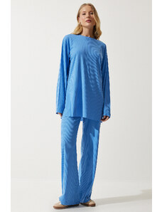 Happiness İstanbul Women's Sky Blue Ribbed Knitted Blouse Pants Suit