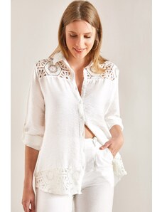 Bianco Lucci Women's Lace Patterned Shirt with Fold Sleeves