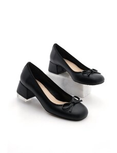 Marjin Women's Chunky Heel Bow Detail Flat Toe Classic Heeled Shoes Medve Black