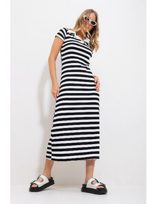 Trend Alaçatı Stili Women's Black Polo Neck Striped Maxi Length Dress