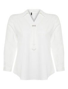 Trendyol Curve White Woven Plus Size Stone Shirt Collar Blouse