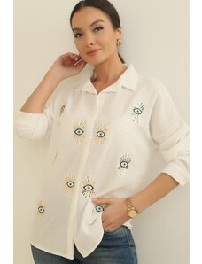 By Saygı Sequin Embroidered Eye Pattern Oversize Crepe Linen Shirt