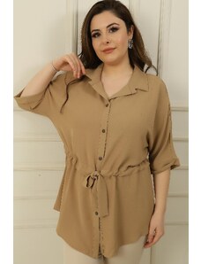 By Saygı Large Size Ayrobin Tunic Shirt with Belted Waist and Buttoned Front