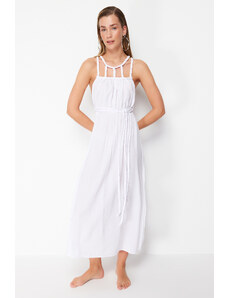 Trendyol White Belted Maxi Woven Tied 100% Cotton Beach Dress