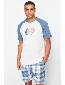 Trendyol Navy Blue - Ecru Regular Fit Plaid Patterned Knitted Shorts Pajamas Set