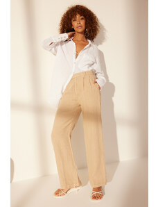 Trendyol Beige 100% Linen Pleated High Waist Wide Leg Trousers