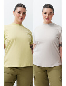 Trendyol Curve Oil Green-Grey 2 Pack 100% Cotton Basic Stand Collar Knitted T-Shirt